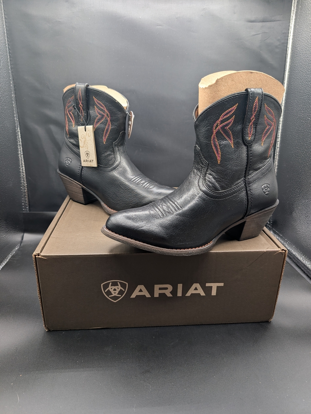 Ariat Women’s Black Leather Western Ankle Boots with Red Stitching